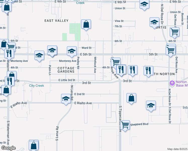 map of restaurants, bars, coffee shops, grocery stores, and more near 24795 Court Street in San Bernardino