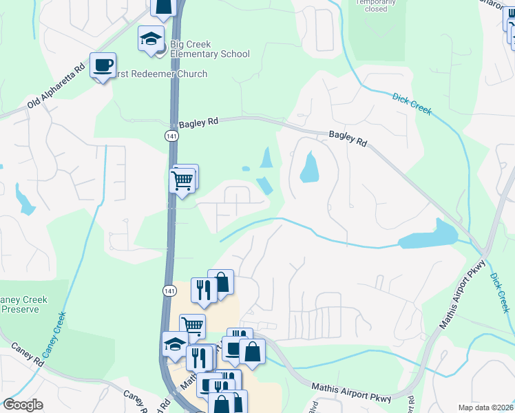 map of restaurants, bars, coffee shops, grocery stores, and more near 2680 Callaway Court in Cumming