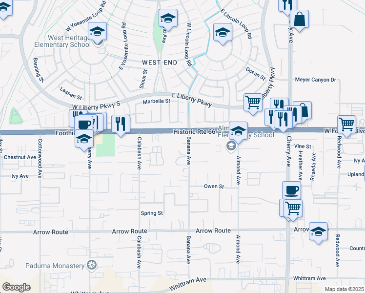 map of restaurants, bars, coffee shops, grocery stores, and more near 8162 Banana Avenue in Fontana