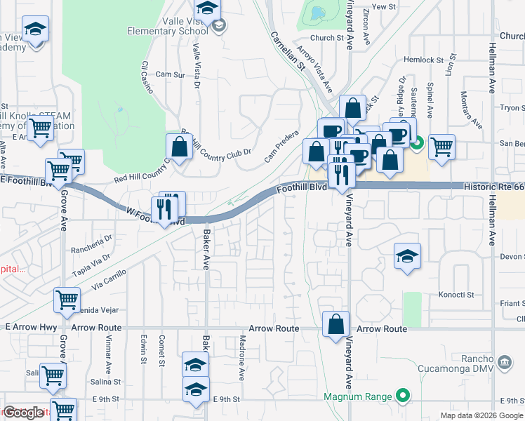map of restaurants, bars, coffee shops, grocery stores, and more near 8651 Foothill Boulevard in Rancho Cucamonga