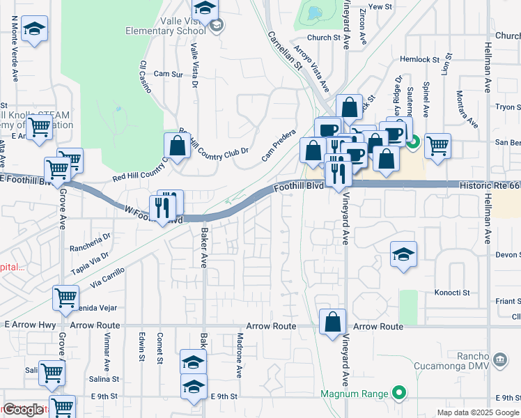 map of restaurants, bars, coffee shops, grocery stores, and more near 8651 Foothill Boulevard in Rancho Cucamonga