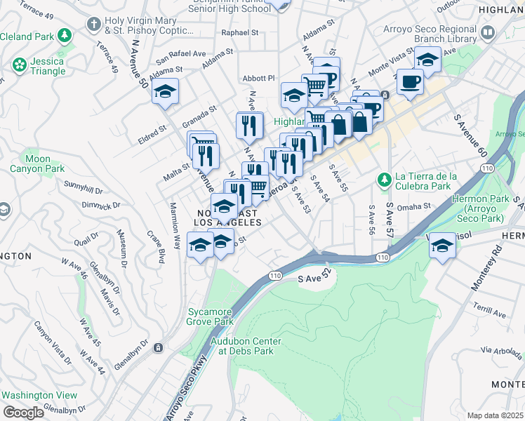 map of restaurants, bars, coffee shops, grocery stores, and more near 5100 North Figueroa Street in Los Angeles