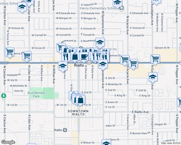 map of restaurants, bars, coffee shops, grocery stores, and more near 328 North Date Avenue in Rialto