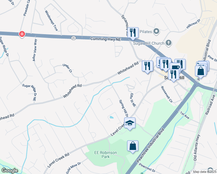 map of restaurants, bars, coffee shops, grocery stores, and more near 990 Old Spring Way Northeast in Sugar Hill
