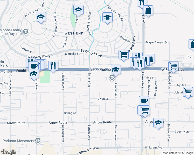 map of restaurants, bars, coffee shops, grocery stores, and more near 8155 Banana Avenue in Fontana