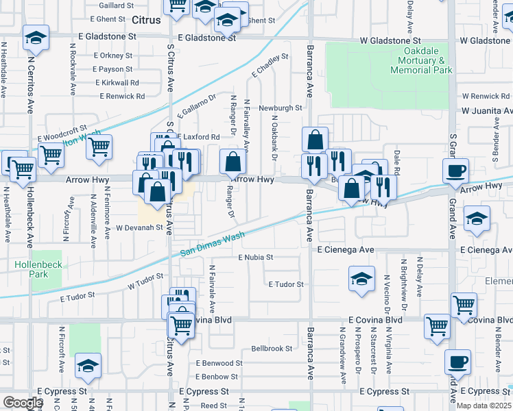 map of restaurants, bars, coffee shops, grocery stores, and more near 1448 North Fairvalley Avenue in Covina