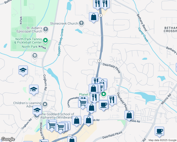 map of restaurants, bars, coffee shops, grocery stores, and more near 13348 Marrywood Court in Alpharetta