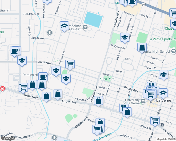 map of restaurants, bars, coffee shops, grocery stores, and more near 1408 5th Street in La Verne