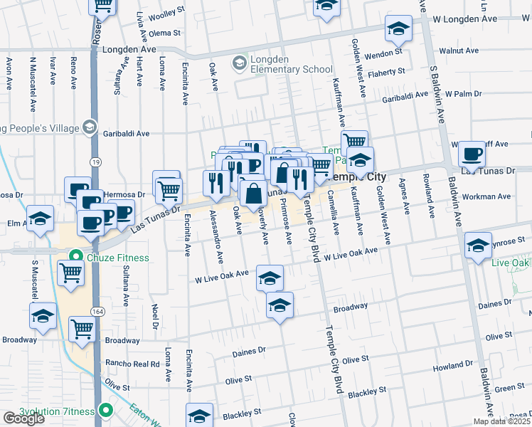 map of restaurants, bars, coffee shops, grocery stores, and more near 5838 Cloverly Avenue in Temple City
