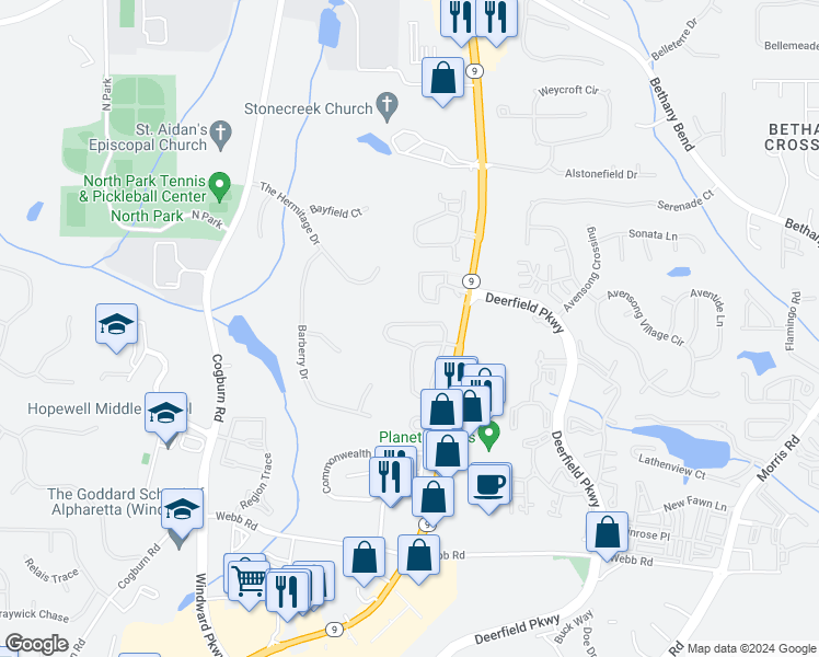 map of restaurants, bars, coffee shops, grocery stores, and more near 13348 Marrywood Court in Alpharetta