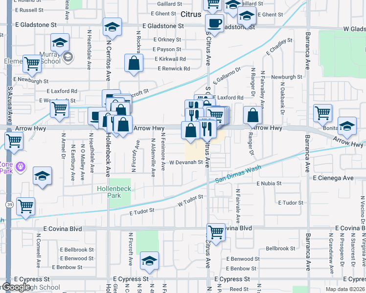map of restaurants, bars, coffee shops, grocery stores, and more near 218 West Bygrove Street in Covina
