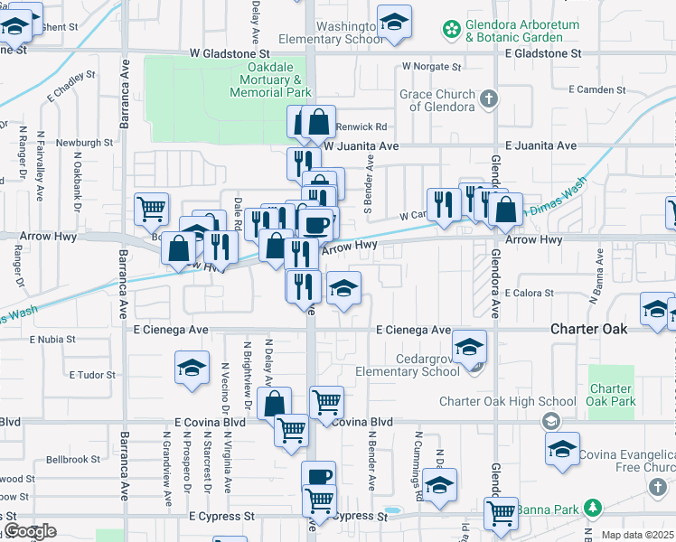 map of restaurants, bars, coffee shops, grocery stores, and more near 1414 North Grand Avenue in Covina