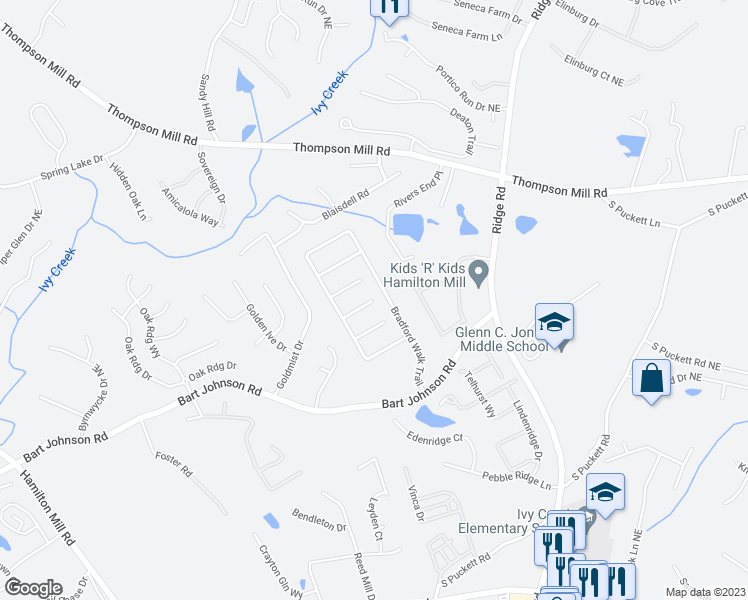 map of restaurants, bars, coffee shops, grocery stores, and more near 3193 English Ivy Lane in Buford