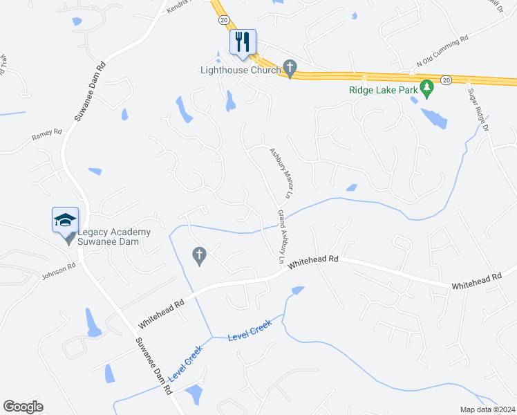 map of restaurants, bars, coffee shops, grocery stores, and more near 5555 Lenox Park Place in Buford