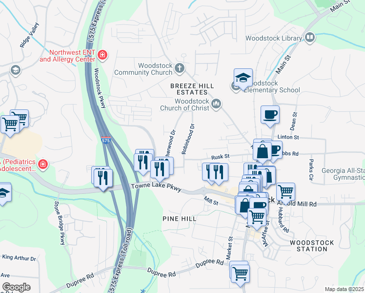 map of restaurants, bars, coffee shops, grocery stores, and more near 111 Robinhood Drive in Woodstock
