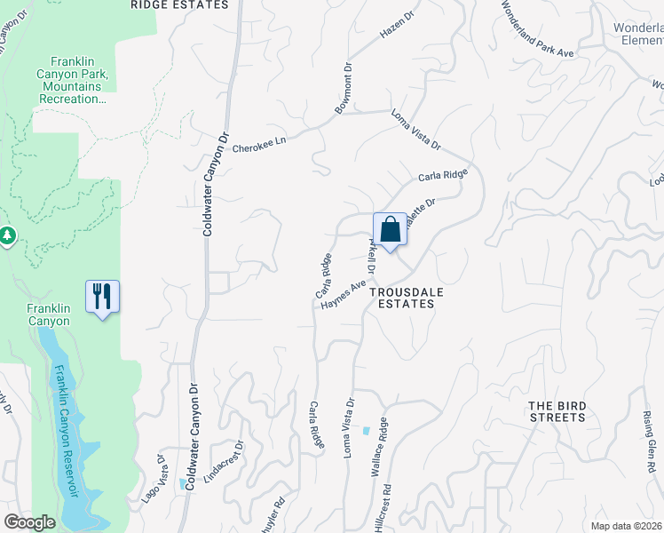 map of restaurants, bars, coffee shops, grocery stores, and more near 1650 Carla Ridge in Beverly Hills