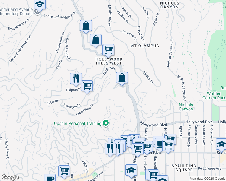 map of restaurants, bars, coffee shops, grocery stores, and more near Gould Avenue in Los Angeles