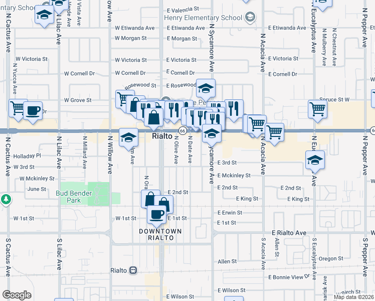 map of restaurants, bars, coffee shops, grocery stores, and more near 328 North Date Avenue in Rialto