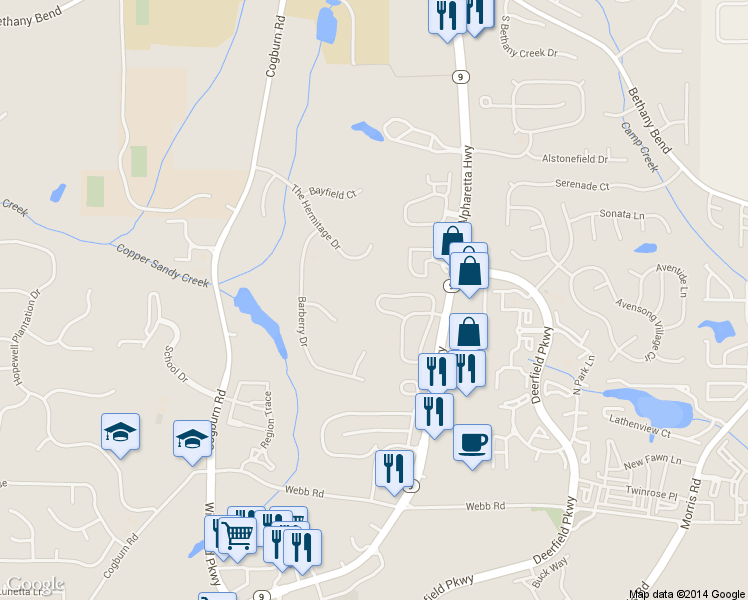 map of restaurants, bars, coffee shops, grocery stores, and more near 13385 Marrywood Court in Alpharetta