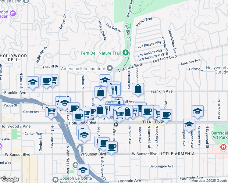 map of restaurants, bars, coffee shops, grocery stores, and more near Franklin Ave & N Western Ave in Los Angeles