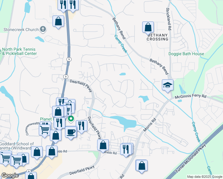 map of restaurants, bars, coffee shops, grocery stores, and more near 3291 Avensong Village Circle in Alpharetta
