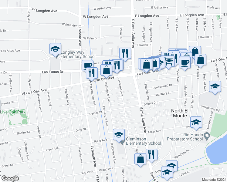 map of restaurants, bars, coffee shops, grocery stores, and more near 5630 McCulloch Avenue in Temple City