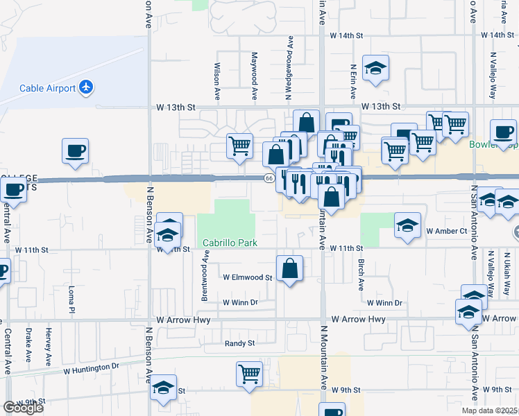 map of restaurants, bars, coffee shops, grocery stores, and more near 1334 West Foothill Boulevard in Upland