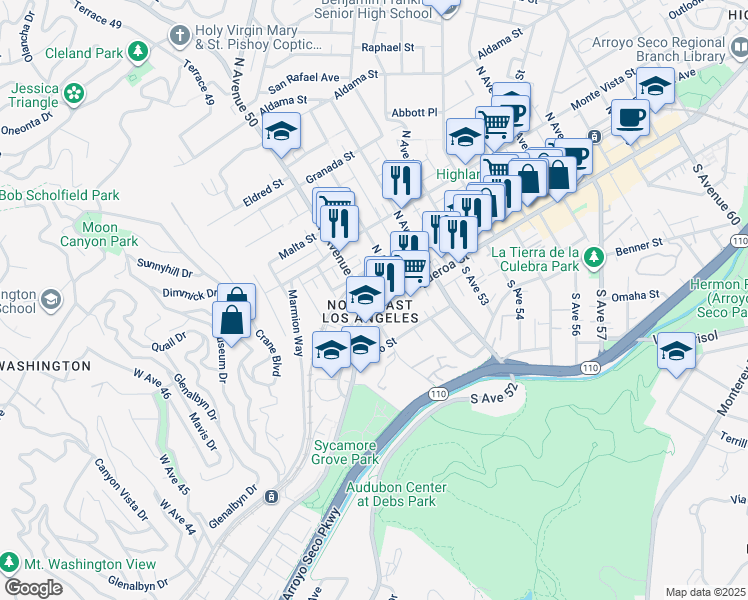 map of restaurants, bars, coffee shops, grocery stores, and more near 5007 North Figueroa Street in Los Angeles
