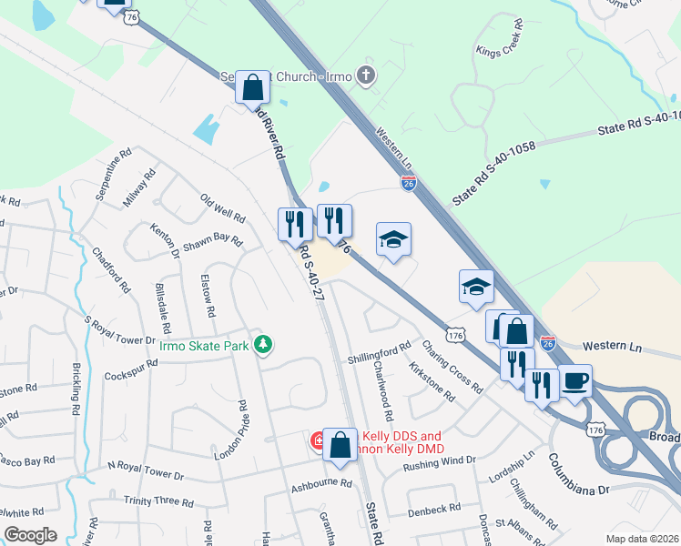 map of restaurants, bars, coffee shops, grocery stores, and more near 113 Charing Cross Road in Irmo