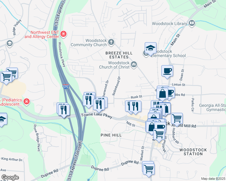 map of restaurants, bars, coffee shops, grocery stores, and more near 410 Sherwood Drive in Woodstock