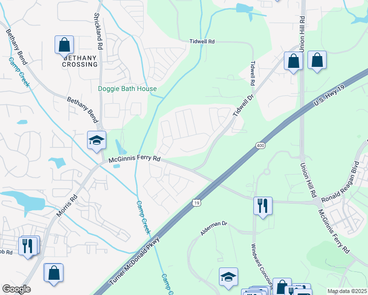 map of restaurants, bars, coffee shops, grocery stores, and more near 932 Wendlebury Court in Alpharetta