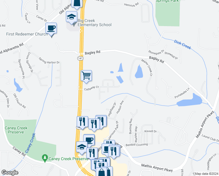 map of restaurants, bars, coffee shops, grocery stores, and more near 2605 Runnymede Court in Cumming