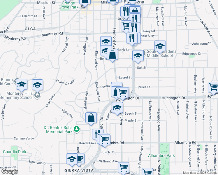 map of restaurants, bars, coffee shops, grocery stores, and more near 1301 Spruce Street in South Pasadena
