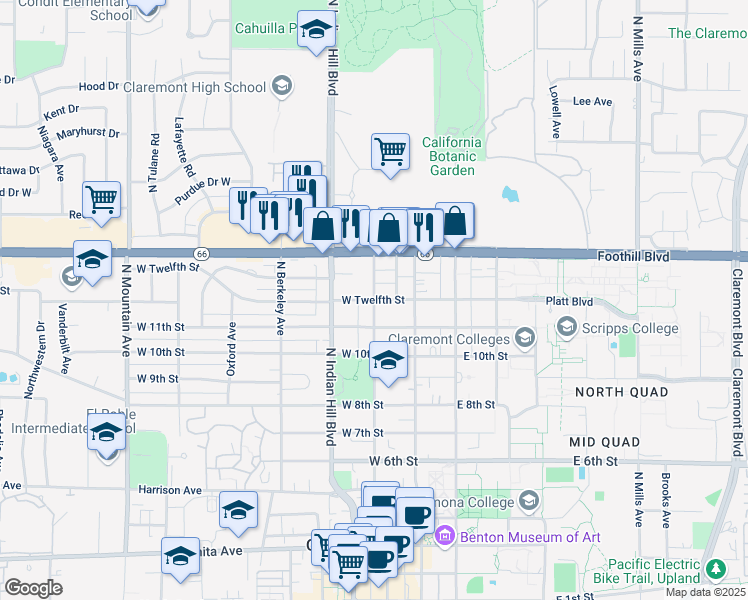 map of restaurants, bars, coffee shops, grocery stores, and more near 301 West 12th Street in Claremont