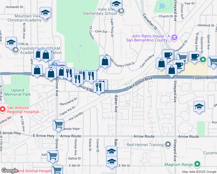 map of restaurants, bars, coffee shops, grocery stores, and more near 8495 Gabrielino Court in Rancho Cucamonga