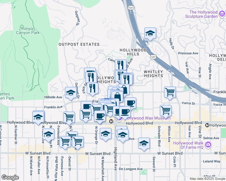 map of restaurants, bars, coffee shops, grocery stores, and more near 1920 Hillcrest Road in Los Angeles