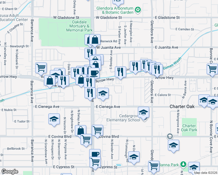 map of restaurants, bars, coffee shops, grocery stores, and more near 1400 North Grand Avenue in Covina