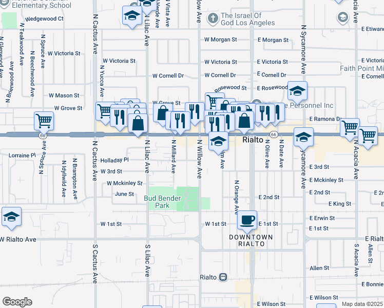 map of restaurants, bars, coffee shops, grocery stores, and more near 327 North Clifford Avenue in Rialto