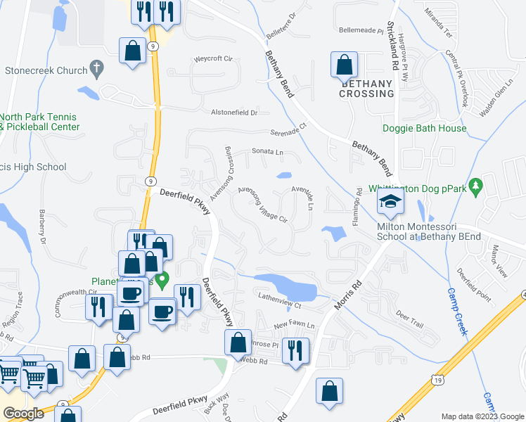 map of restaurants, bars, coffee shops, grocery stores, and more near 3301 Avensong Village Circle in Milton