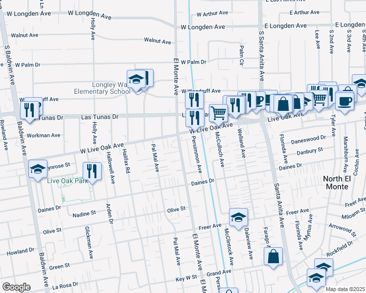 map of restaurants, bars, coffee shops, grocery stores, and more near 5638 El Monte Avenue in Temple City