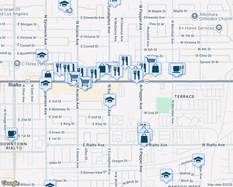 map of restaurants, bars, coffee shops, grocery stores, and more near 365 North Eucalyptus Avenue in Rialto