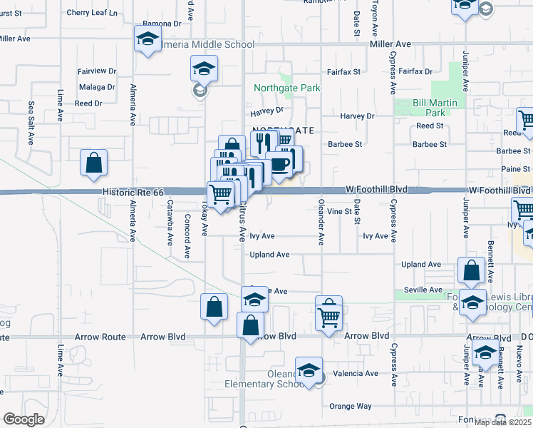 map of restaurants, bars, coffee shops, grocery stores, and more near 16183 West Historic Route 66 in Fontana