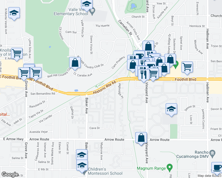 map of restaurants, bars, coffee shops, grocery stores, and more near 8651 Foothill Boulevard in Rancho Cucamonga