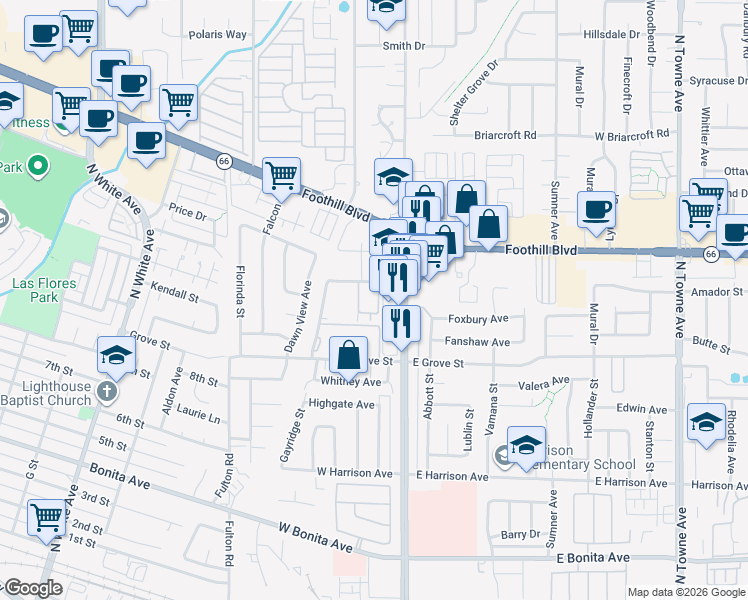 map of restaurants, bars, coffee shops, grocery stores, and more near 150 Drake Street in Pomona