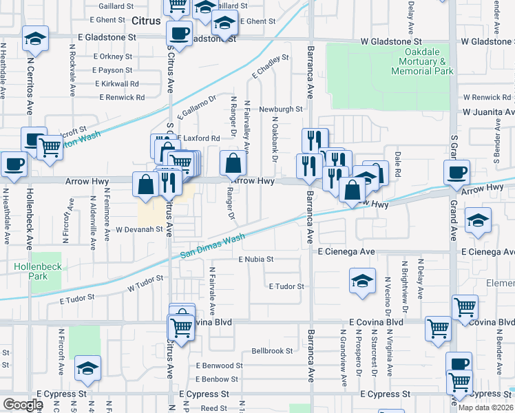 map of restaurants, bars, coffee shops, grocery stores, and more near 1448 North Fairvalley Avenue in Covina