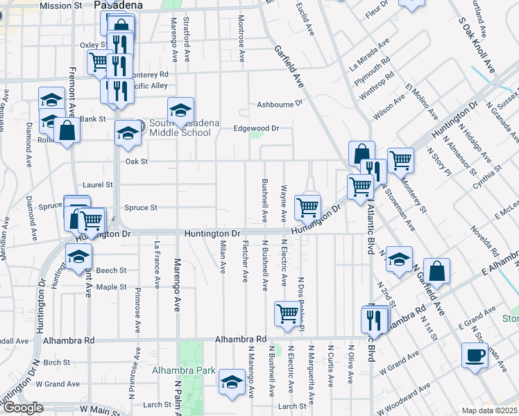 map of restaurants, bars, coffee shops, grocery stores, and more near 1803 Bushnell Avenue in South Pasadena