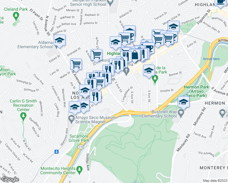 map of restaurants, bars, coffee shops, grocery stores, and more near 135 South Avenue 52 in Los Angeles