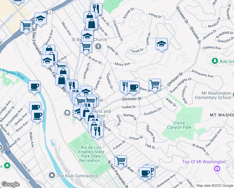 map of restaurants, bars, coffee shops, grocery stores, and more near 3151 Cazador Street in Los Angeles