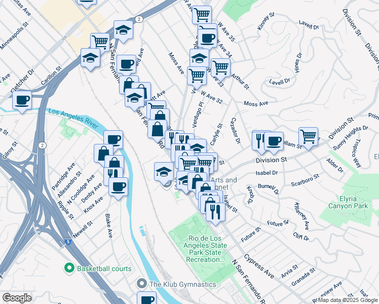 map of restaurants, bars, coffee shops, grocery stores, and more near 3006 Verdugo Road in Los Angeles