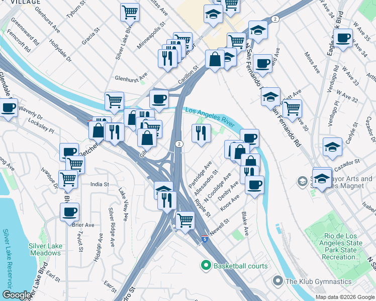 map of restaurants, bars, coffee shops, grocery stores, and more near 2827 Rosanna Street in Los Angeles